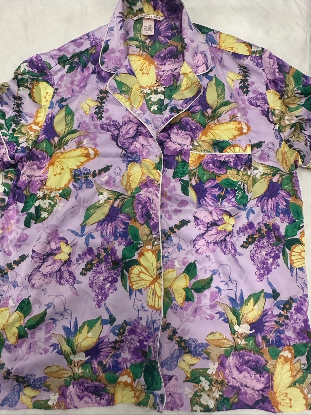 Victoria's Secret Lavender Satin Pajama Top with Yellow Butterfly Print